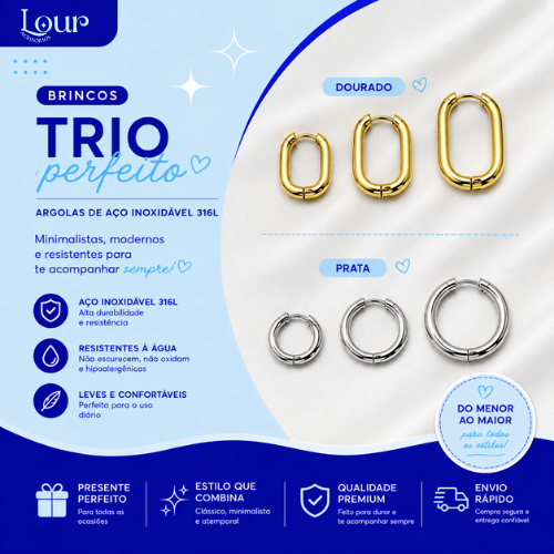 Kit 3 Pares Brincos Trio Argola Feminino Aço Inoxidável Antialérgico Delicado Argolinha Click Semijoia Dourado Prata