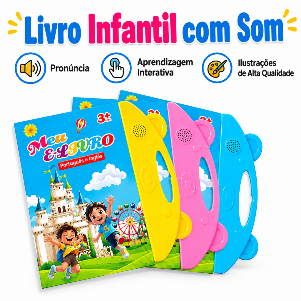 Livro Interativo com Som Infantil Bilíngue Português Inglês Multi Temas com Som e Toque Educativo Aprendizagem