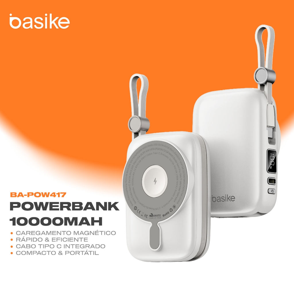 Basike Power Bank Magnético 10.000mAh PD20W 22.5W Turbo Carga Sem Fio Indução Compacto Carregador