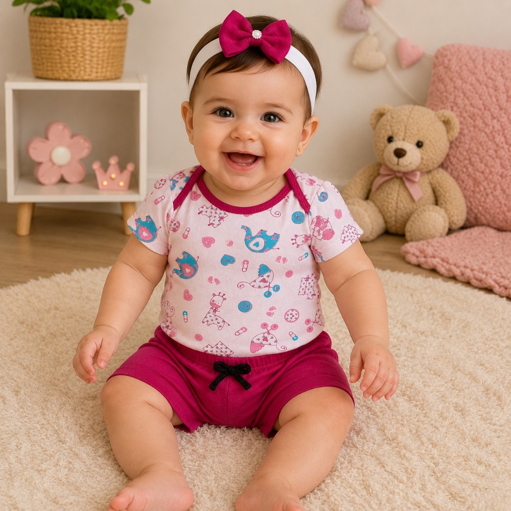 Conjunto Bebê Menina Body Estampado + Short + Faixa de Cabelo 3 Peças Verão