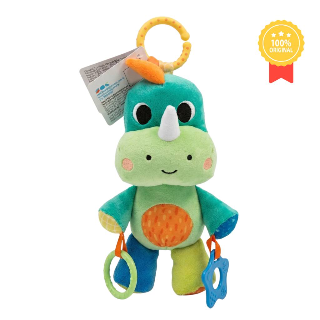 Brinquedo Bebe Dinossauro Pelúcia Atividades Mordedor Chocalho Carrinho Berço Sensorial 4m+ BPA Free