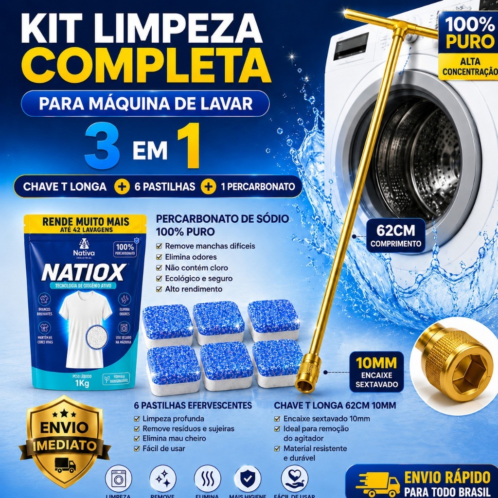 Kit Limpeza Máquina de Lavar 3 em 1 Chave T Longa 62cm 10mm + Pastilhas Efervescentes + Percarbonato de Sódio 100% Puro