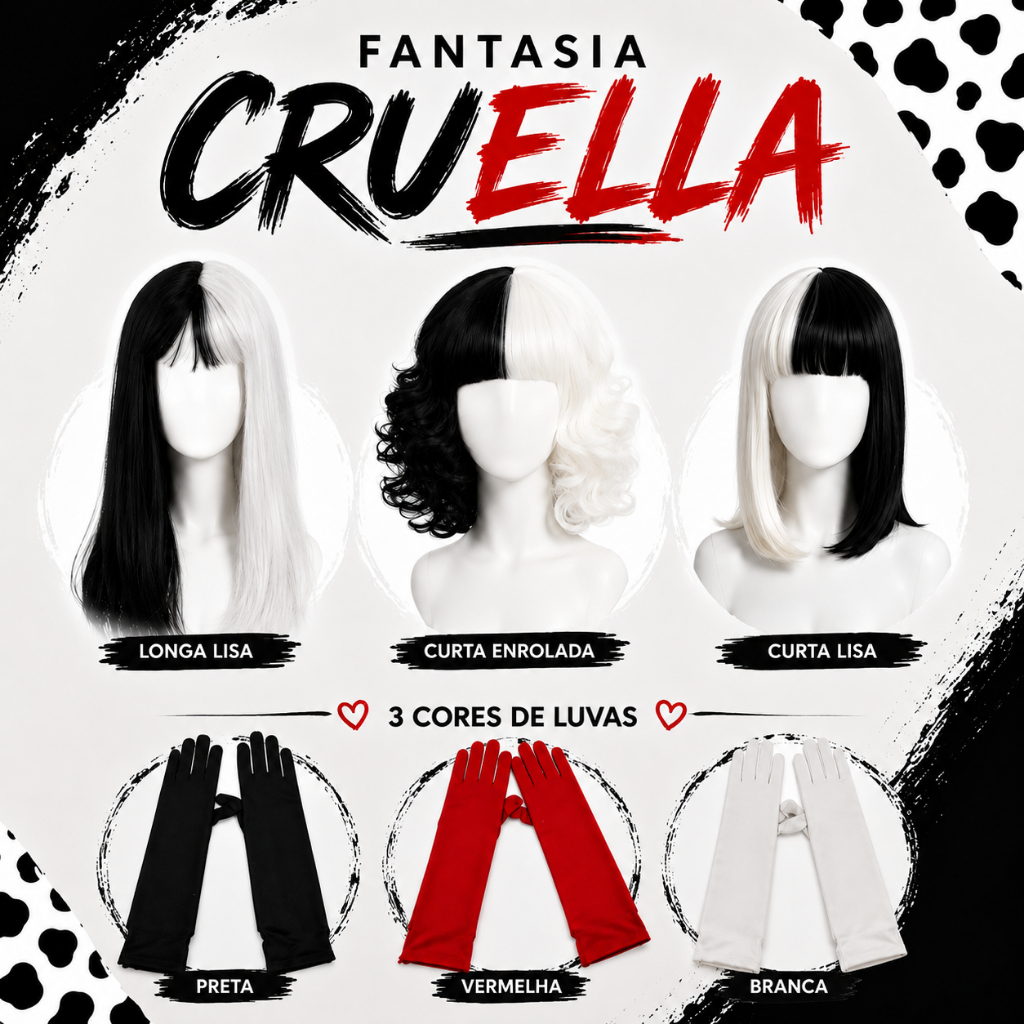 Fantasia Cruela Cruella Devil Peruca Preta e Branca Luva Festa Cosplay Lisa Ondulada Enrolada Curta Longa Halloween