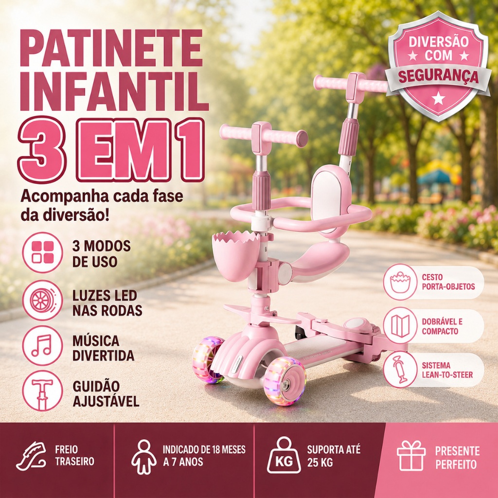 Patinete Musical 3 em 1 Infantil Com Assento Cestinha Guidão Ajustável Dobrável - Rosa