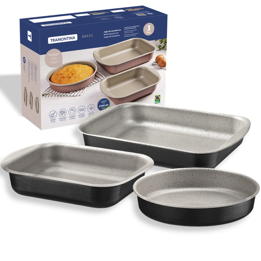 Jogo de assadeiras tramontina antiaderente 3 peças antiaderente starflon max forma bolo pizza torta assar forno