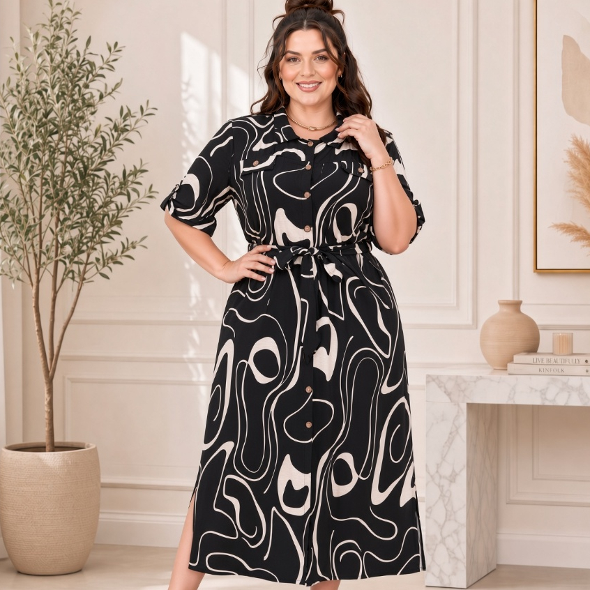 Vestido Feminino Plus Size Chemise Estampado Soltinho com Ajuste em Amarração Tecido Viscomida