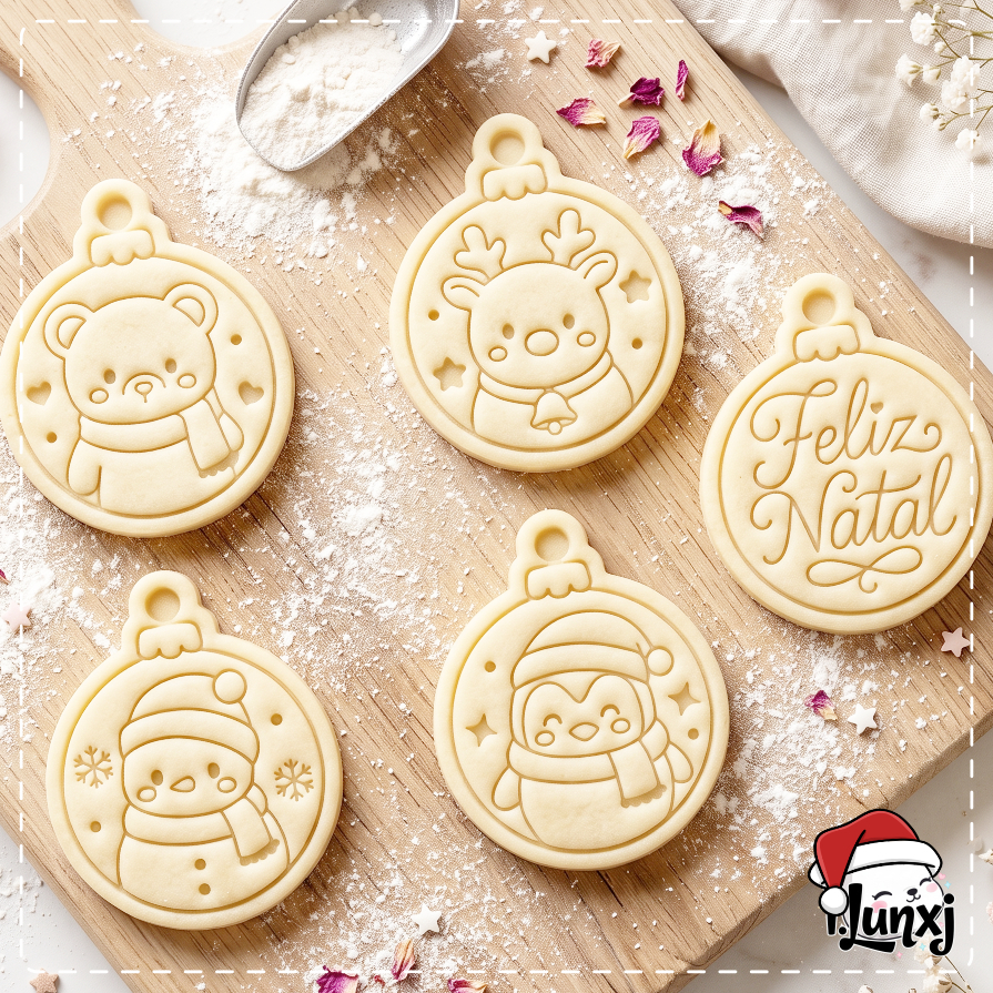 Kit Cortador e 5 marcadores Natal para Biscoito - Bola de Natal - Urso - Cervo - Pinguim - Boneco de Neve - FELIZ NATAL