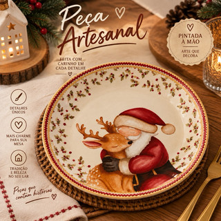 Prato Sobremesa Natalino 20cm Cerâmica Papai Noel Rena | Decoração Mesa Posta Natal