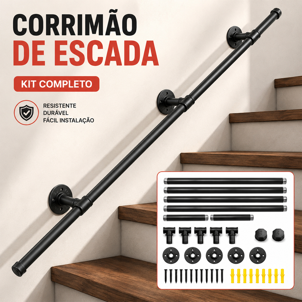 Corrimão para escada interna/externa - Ferro tubular antiferrugem, fixação na parede, várias opções de tamanho
