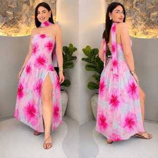 Vestido Feminino Longo Floral Verão Elegante com Fenda Lateral e Decote Frente Única Verão