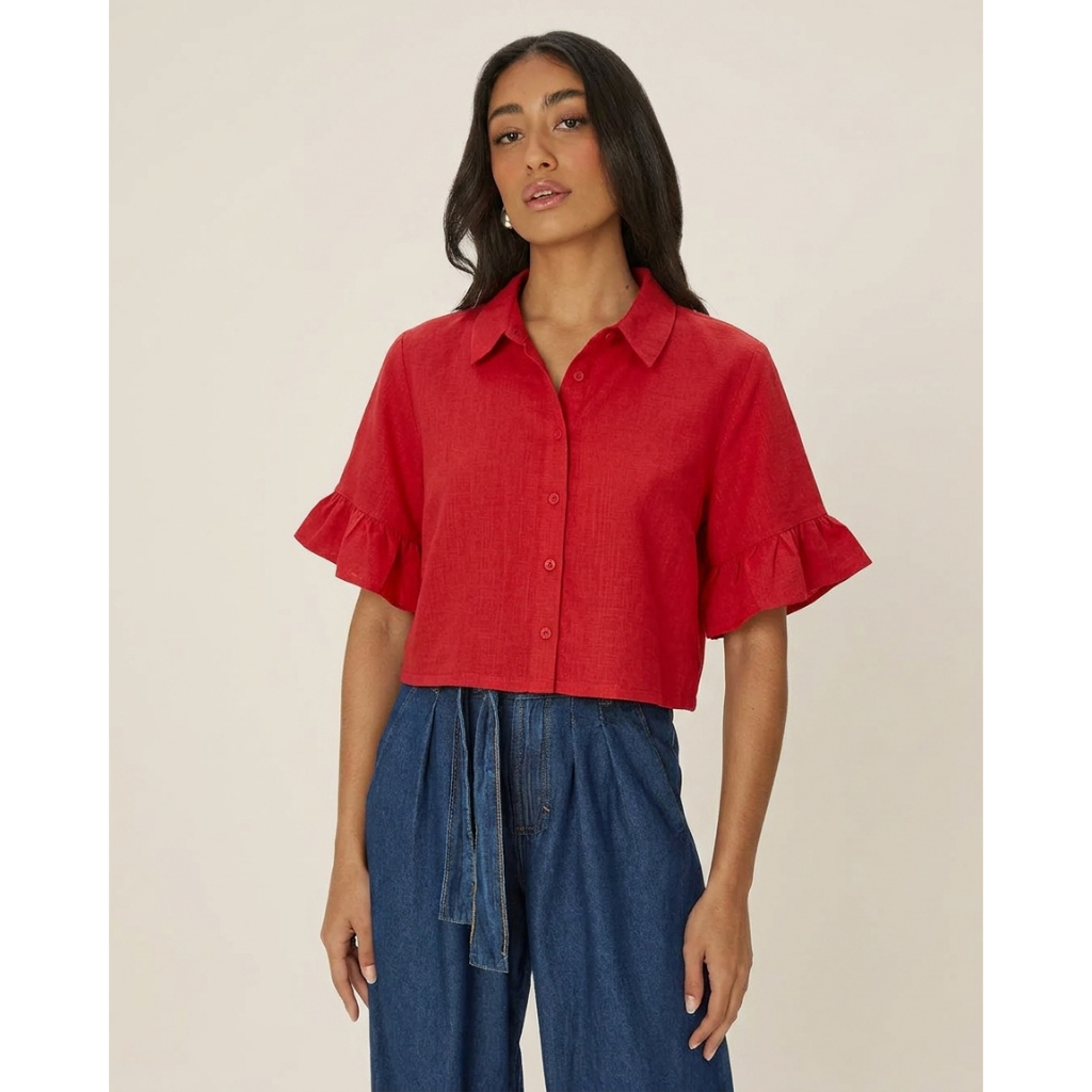 Camisa Cropped Feminina Manga Com Babado Em Viscolinho
