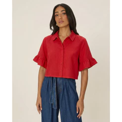 Camisa Cropped Feminina Manga Com Babado Em Viscolinho