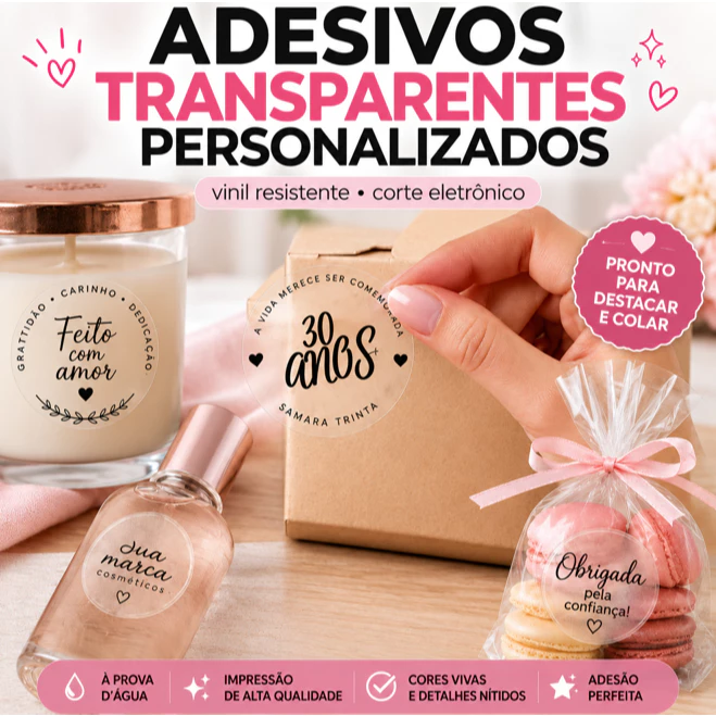 ADESIVO TRANSPARENTE PERSONALIZADO COM SUA LOGO | VINIL À PROVA D’ÁGUA | ETIQUETA ADESIVA PREMIUM + BRINDE — imagem 1