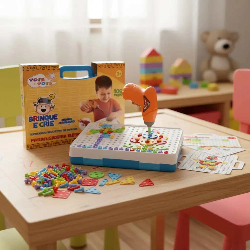 Kit Parafusadeira Elétrica Infantil Brinquedo Educativo maleta Criança 3 Anos Divertido Peças e Parafusos Ferramenta
