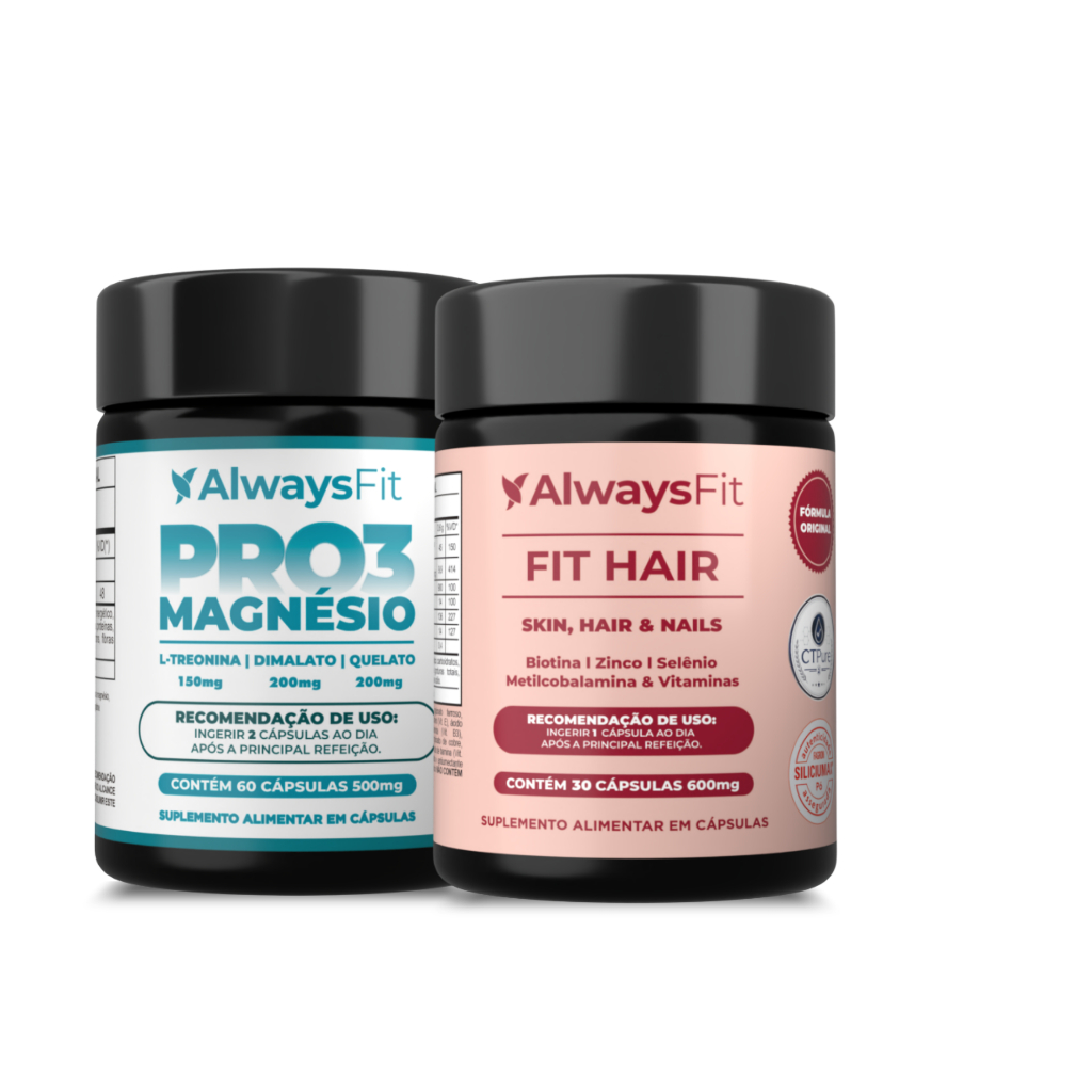 Kit FitHair + Pro3Magnésio AlwaysFit | Biotina, Zinco, Colágeno + 3 Magnésios | 90 Cápsulas