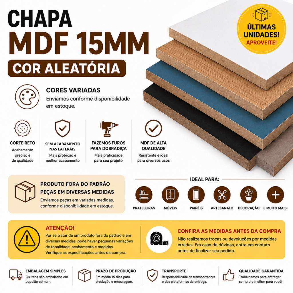 Chapa MDF 15mm Cor Aleatoria Placa Madeira Artesanato Nicho Decoração Tampo Marcenaria Bordas Nao Fitadas