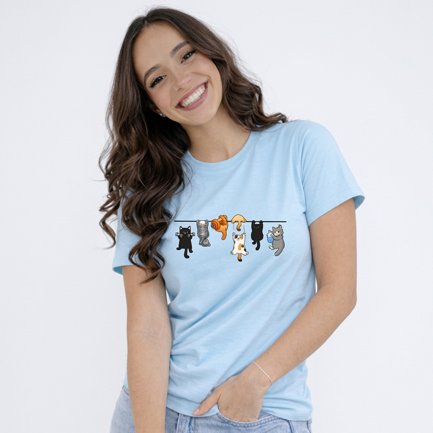 T-Shirt Feminina Estampa Gatinhos Academia Cute 100% Algodão Casual Moda Verão Confortável Tendência 2026