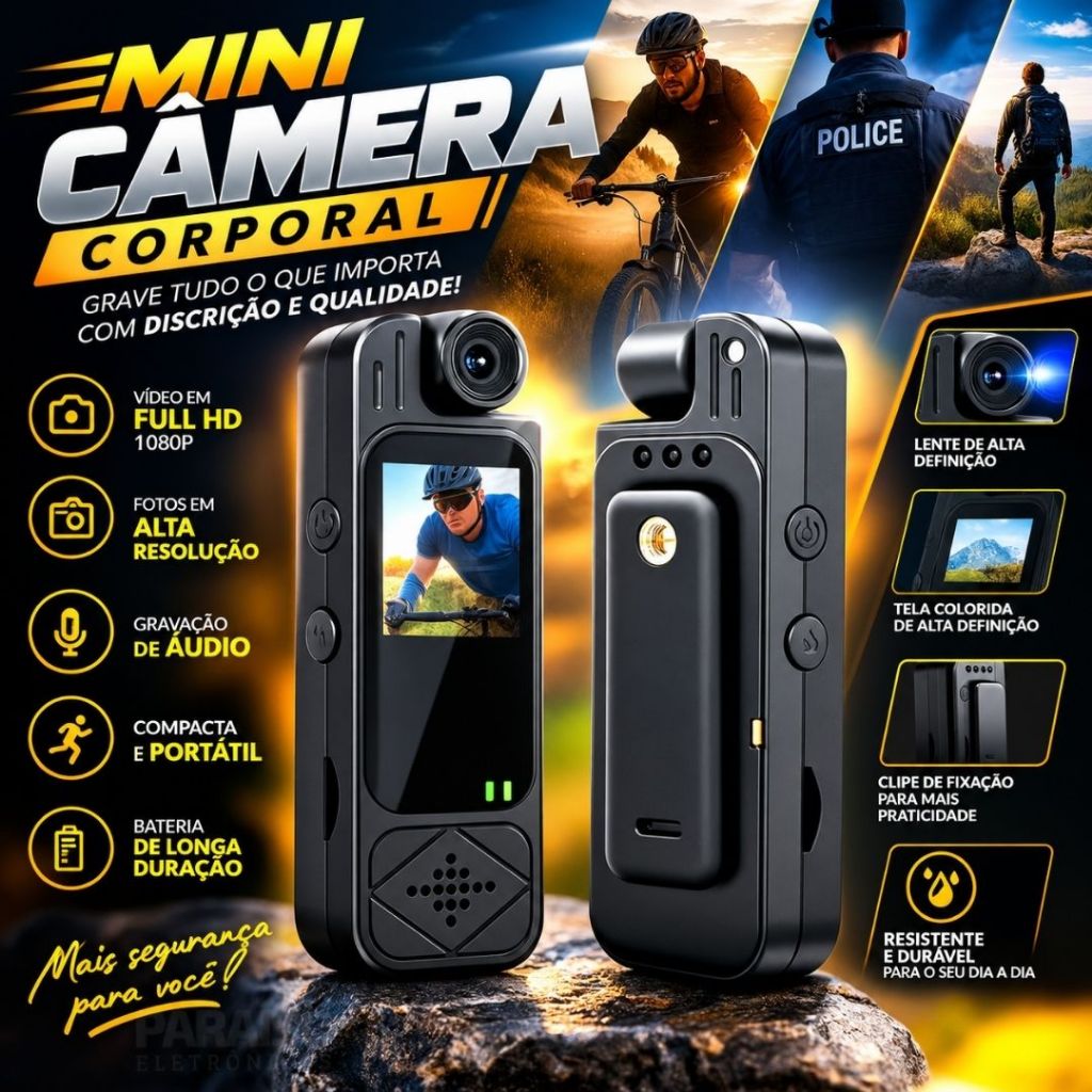 Câmera de Ação Full HD 1080p Esportiva de Desporto 180º Body Cam Filmadora Esportes Á Prova d'Água