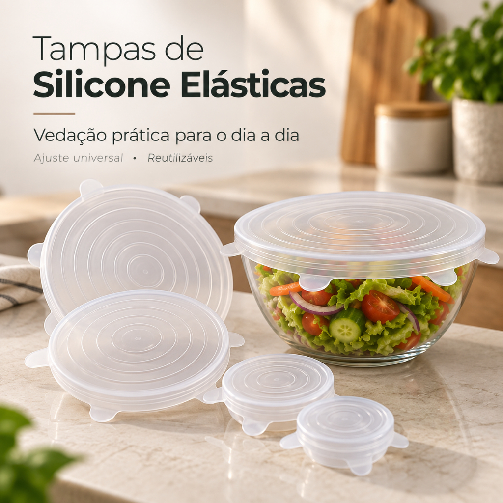 Kit 24 Tampas de Silicone Elásticas Universais Reutilizáveis para Potes Panelas Tigelas Geladeira e Alimentos