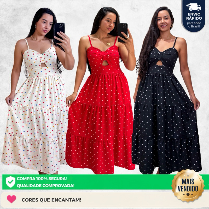 Vestido midi soltinho estampado com coração alcinha fina com regulagem