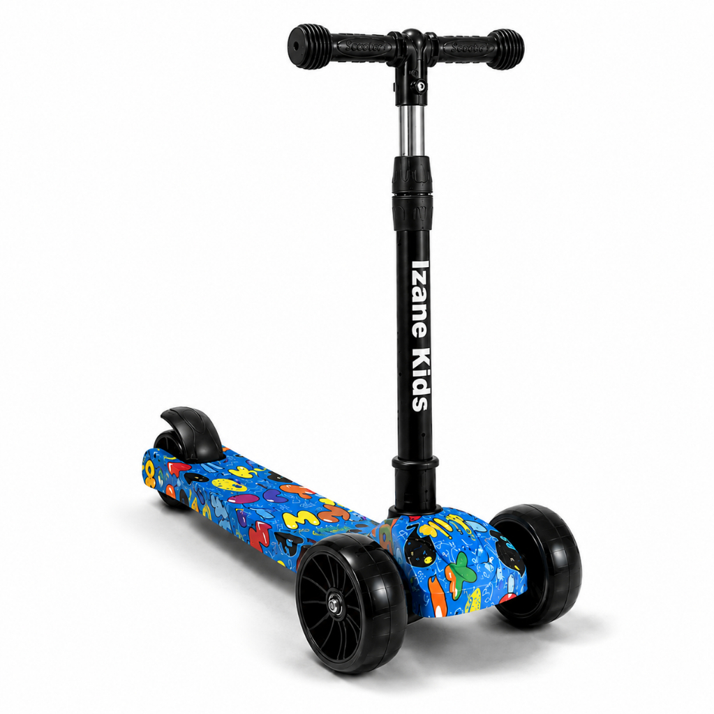 Patinete Infantil Scooter 3 Rodas Dobrável com Luz LED nas Rodas até 50kg e Guidão Ajustável Azul Izane Kids