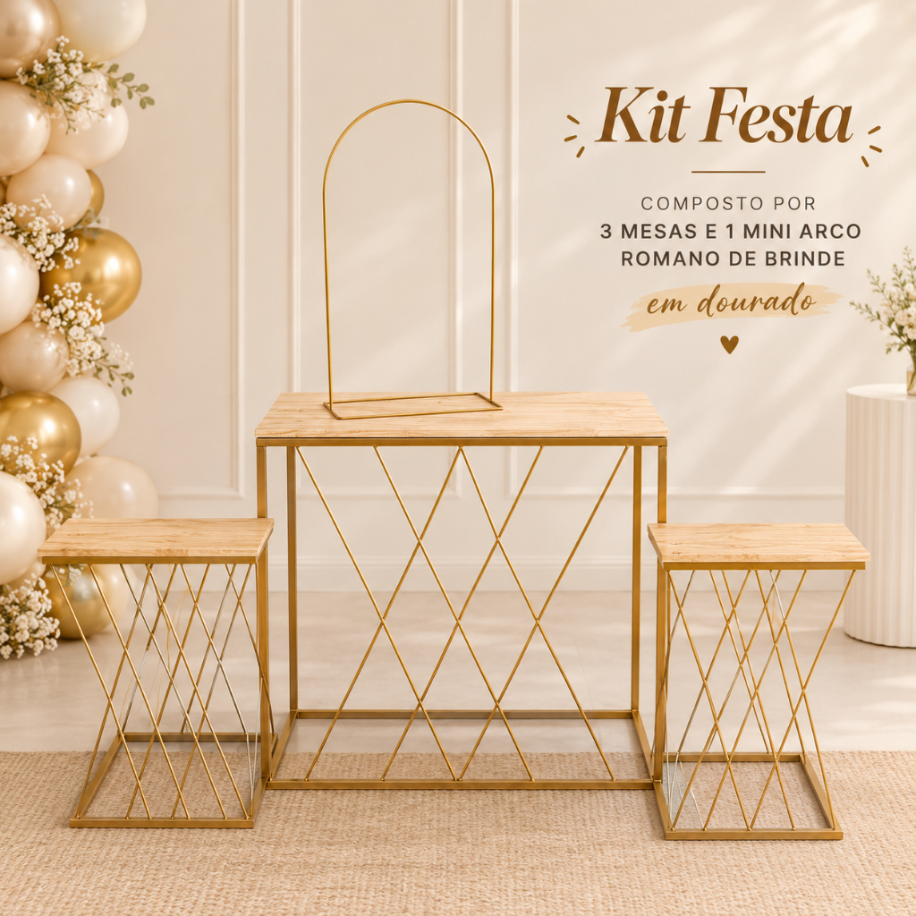 Jogo Mesa Treliça Dourado 1G e 2PP + Mini Arco Romano 4 Peças Decoração Festa