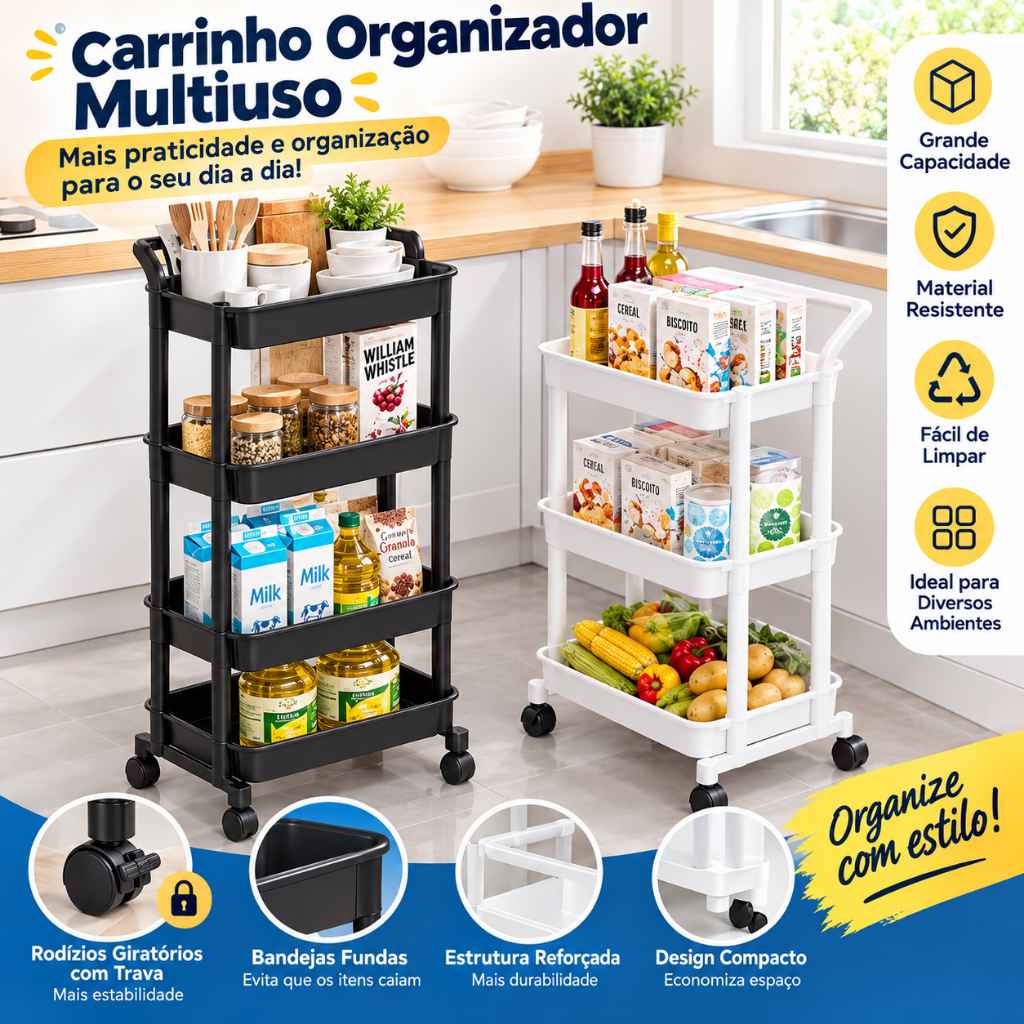 Prateleira Carrinho Auxiliar Organizador de Objetos Multiuso 3/4 Andares com Rodinhas---boa