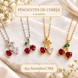 Colar Cereja Feminino Aço Inox 316L com Zircônia Vermelha Cristal Antialérgico Brilhante