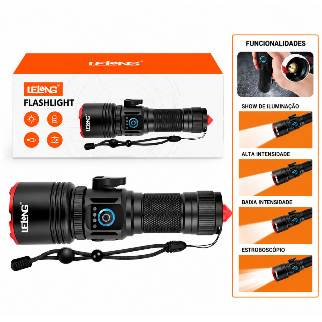 Lanterna Tática LED Premium Recarregável 1200lm Zoom Foco Ajustável Alumínio USB-C 3500mAh