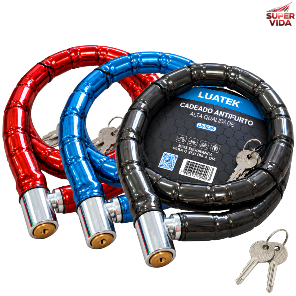 Cadeado Articulado Bicicleta 1m Cabo Aço 18mm Revestido PVC Antifurto com 2 Chaves LUATEK