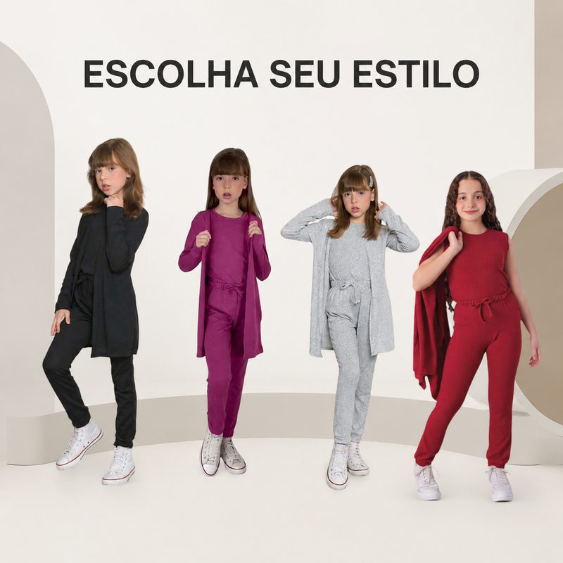 Conjunto Lanzinha Infantil Feminino 3 Peças | Cardigan, Blusa e Calça | Moda Menina Casual Tendência