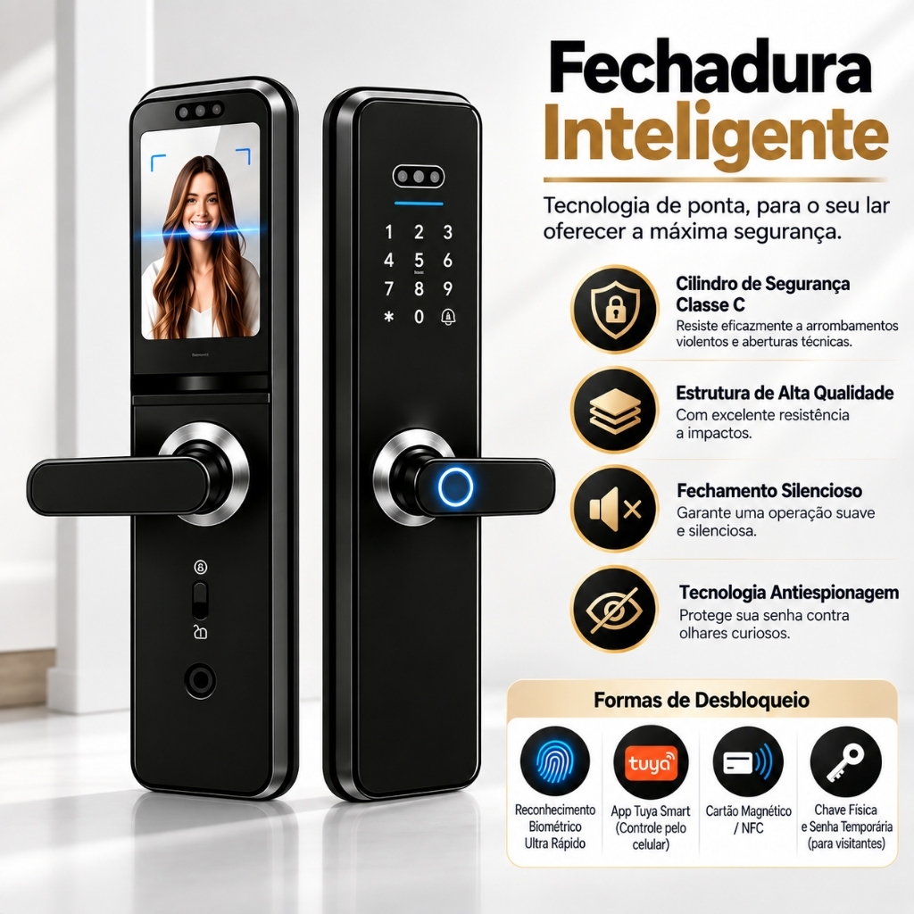 Fechadura Eletrônica Smart Door com Impressão Digital, Senha, Cartão NFC e Chave Mecânica Visiontech