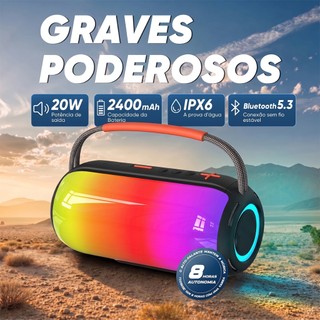 Caixa de Som Bluetooth Graves Potentes Som Estéreo Longa Duração da Bateria Ideal para Festa em Família RGB IPX6