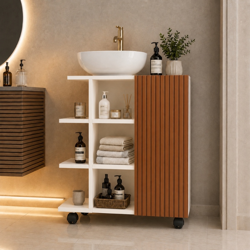 Gabinete Classic Compacto Multiuso com Prateleiras e Rodízios - Branco/Ripado
