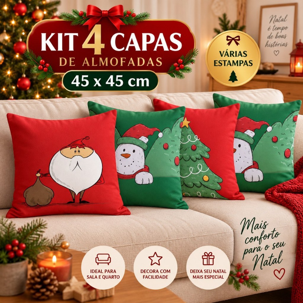 Kit 4 Capas de Almofada Natalinas/Natal 45x45cm Decorativas para Sofá Sala e Quarto