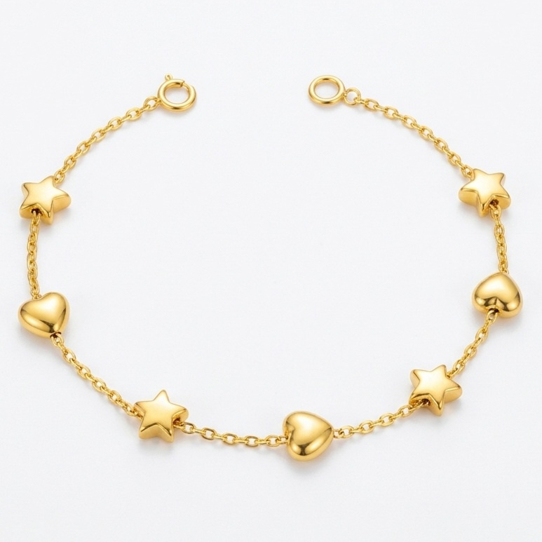 Pulseira Infantil Feminina Coração Banhado a Ouro 18K para Bebê Delicada