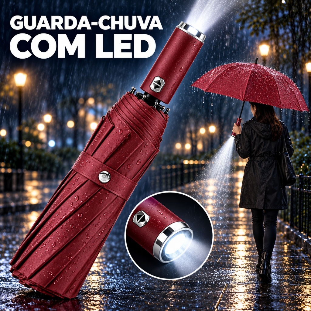 Guarda-Chuva com Lanterna Automático Reforçado Contra Vento Com Proteção Solar Blackout Compacto Cabe na Bolsa e Mochila