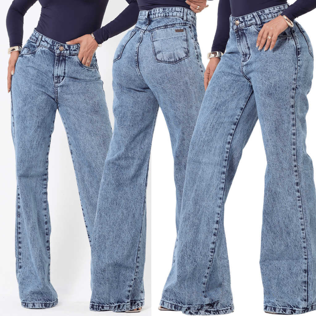 Calça Feminina Wide Leg Jeans Algodão SEM LAYCRA Pantalona Empina Bumbum Cintura Cos Alta