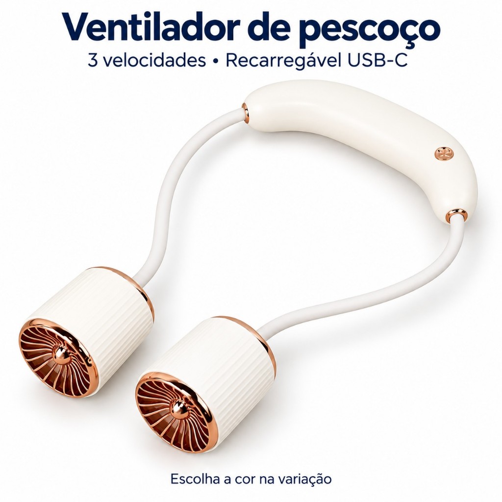 Ventilador de Pescoço Portátil Recarregável USB-C com 3 Velocidades - Cores à Escolha
