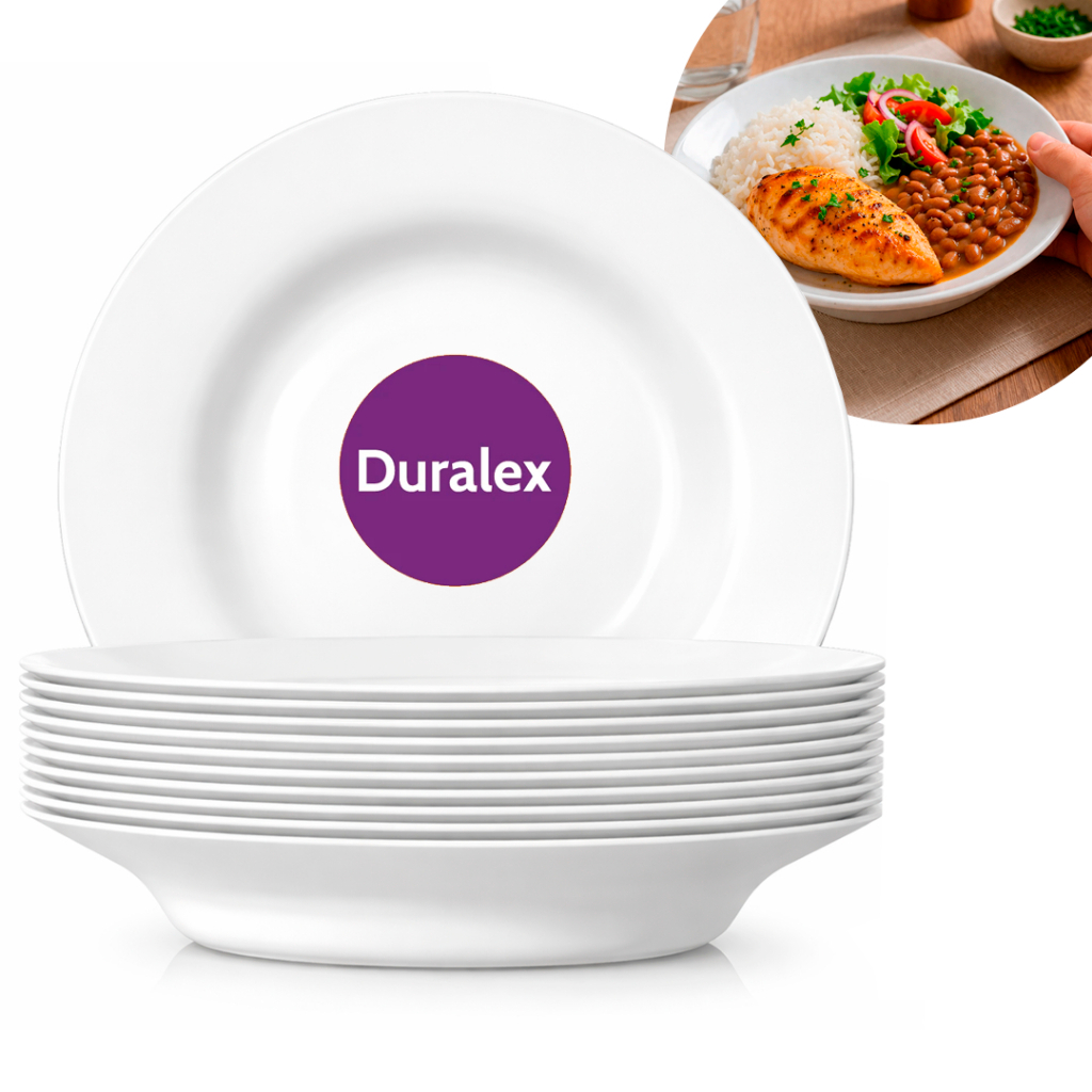 KIT Pratos Opaline Menu Fundo Branco 23Cm Vidro Liso Duralex Temperado Jantar Hotel