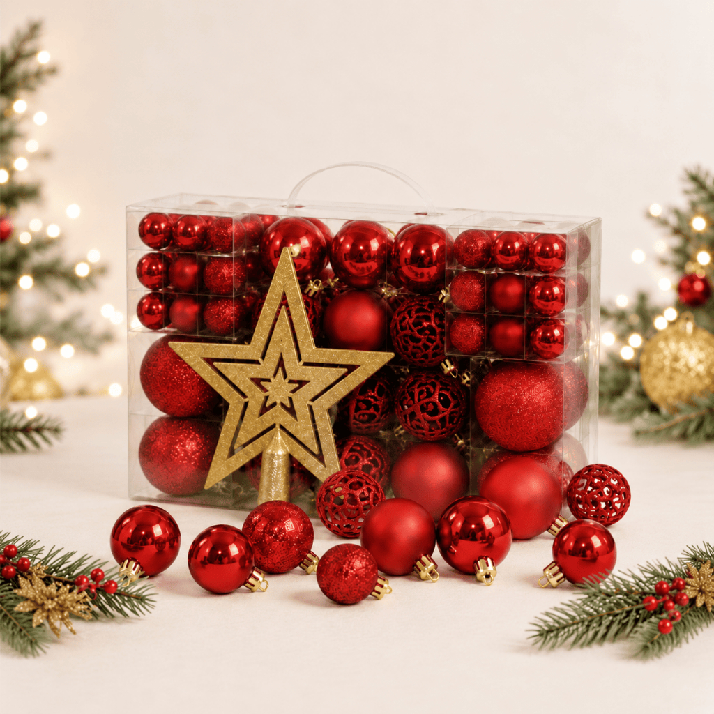 Kit Maleta 50 Bolas + Estrela Ponteira Para Árvore De Natal Decoração Natalina