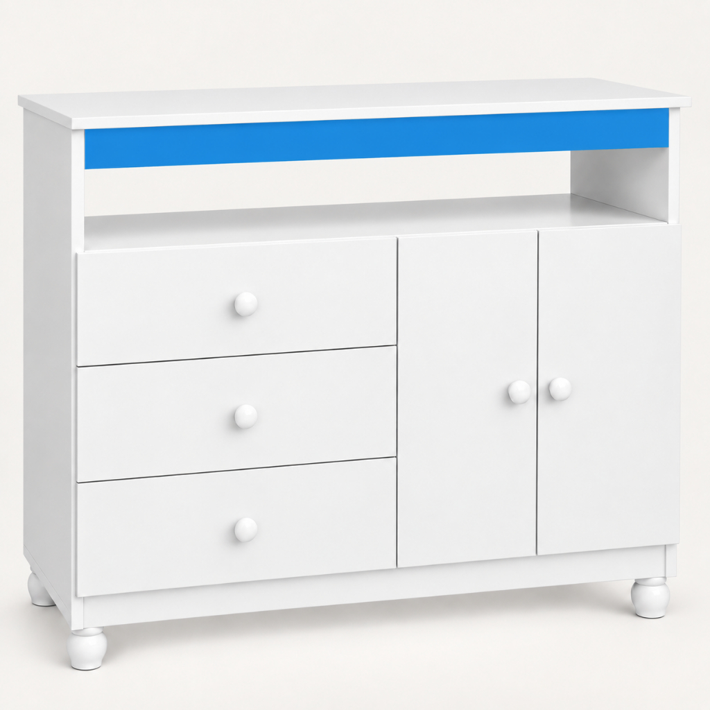 Imagem Cômoda Infantil 92cm para Quarto de Bebê 3 Gavetas 2 Portas com Cabideiro e Prateleira Removível