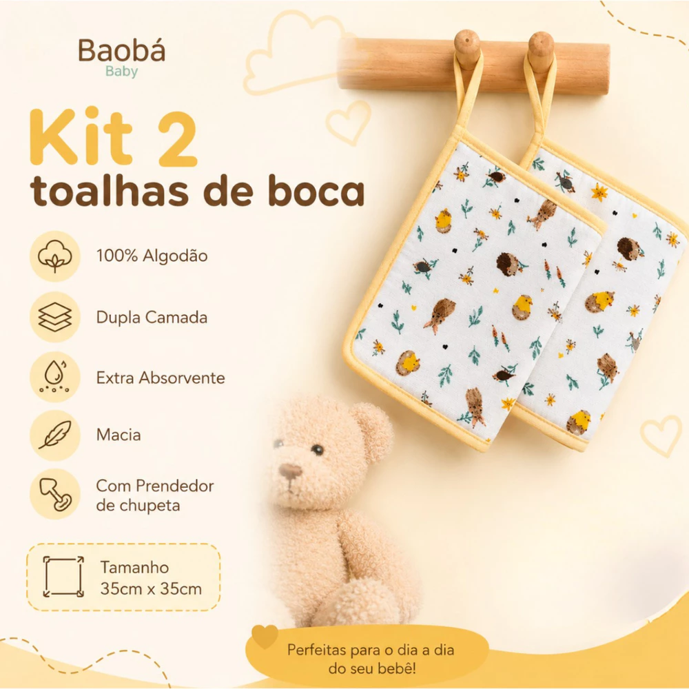 Kit 2 Toalhas Pano de Boca Bebe Soft Com Prendedor de Chupeta 100% Algodão Menino Menina Enxoval