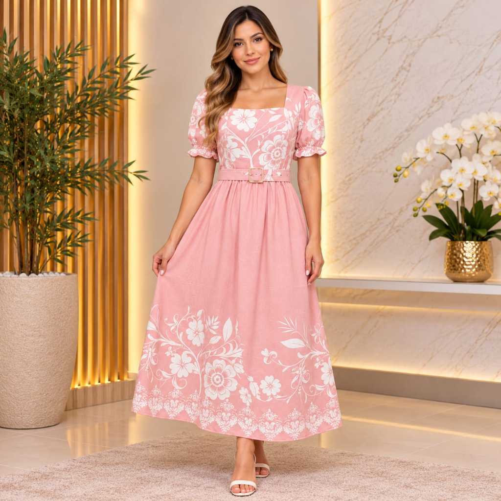 Vestido Evangelico Elegante longo com estampa floral e com cinto utilizável