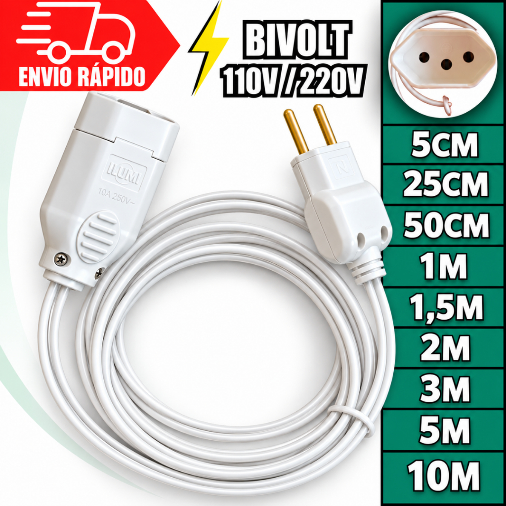 Extensão Elétrica Bivolt Cabo Prolongador Paralelo Bipolar e Tripolar 5Cm/25Cm/50Cm/1M/1,5/2/3/5/10M