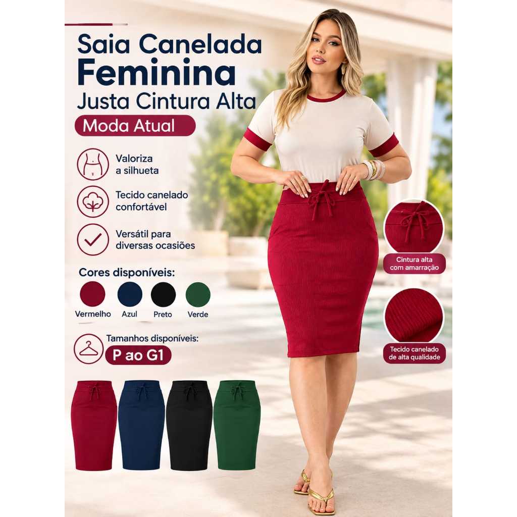 Saia Canelada Feminina Justa Cintura Alta Moda Atual