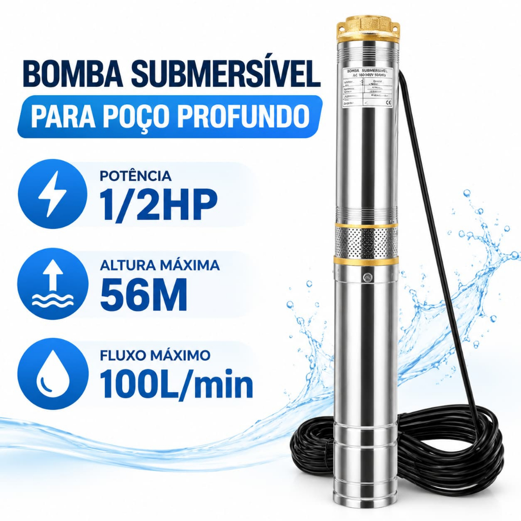 Bomba Submersa Caneta 1/2HP 3plo 372W para Poço Profundo 56M 100L/min Filtro Anti Areia Duplo Aço Inoxidável