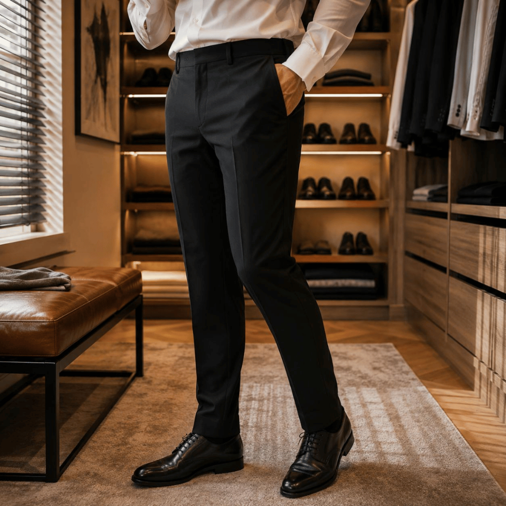 Calça Social Masculina Slim Alfaiataria Oxford Zíper Elástico Cós Executiva Casual Trabalho