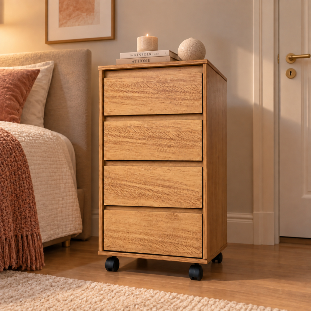 Gaveteiro Nature 4 Gavetas MDF com Rodízios Organizador para Quarto Home Office Escritório Mesa de Cabeceira