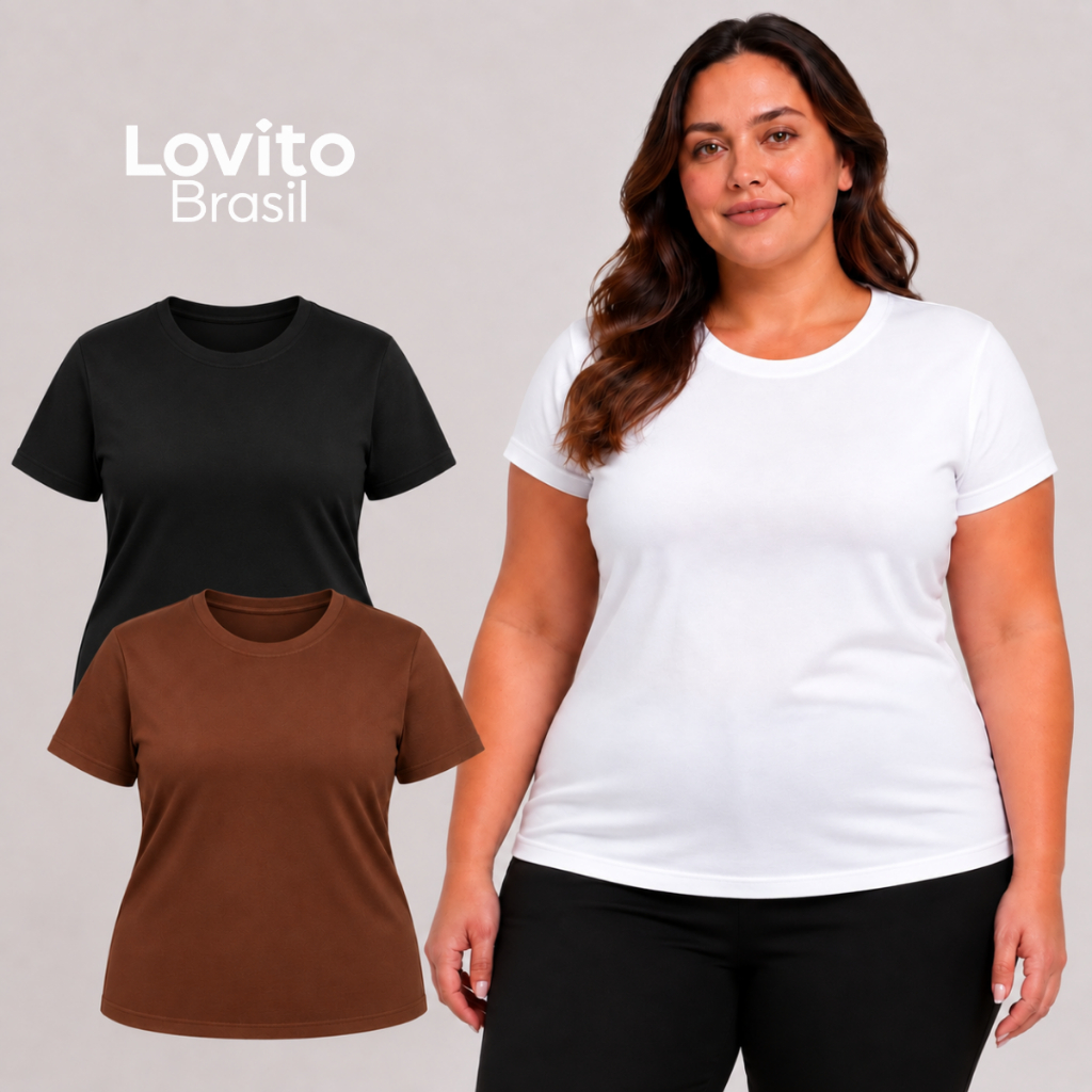 Lovito Kit 2 Camisetas Baby Look Feminina Plus Size de Algodão Básica TSB20442074 — imagem 2 de 2